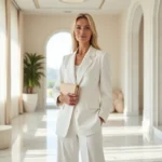 Femme élégante en tenue blanche immaculée dans un hall en marbre d'un appartement de luxe, symbolisant raffinement et richesse