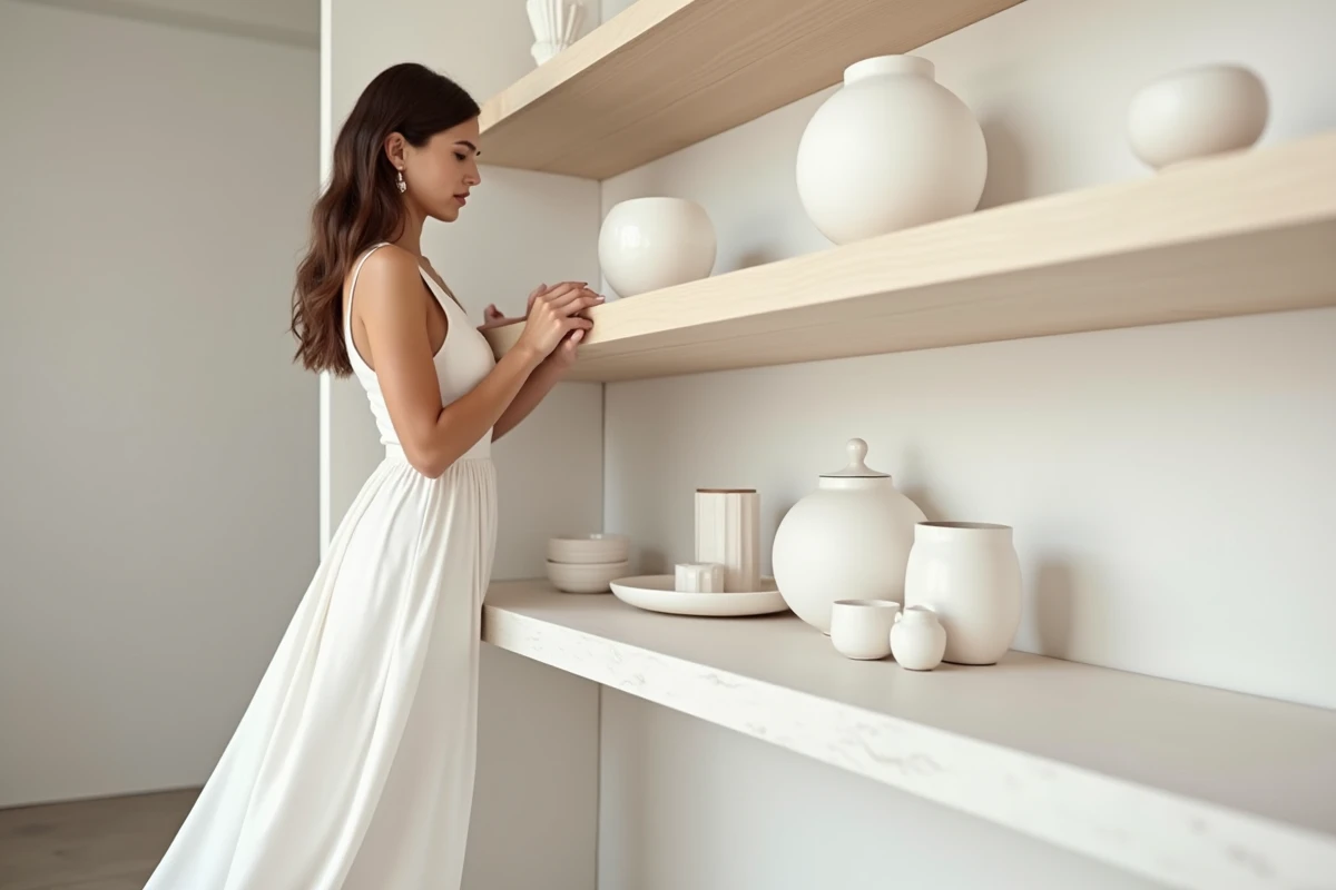 Giovane donna in abito bianco di seta in una boutique di lusso minimalista, illustrando il rapporto tra ricchezza e stile essenziale