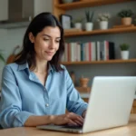 Femme concentrée travaillant sur son ordinateur dans une cuisine moderne