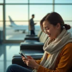 Jeune femme souriante vérifiant son téléphone à l'aéroport