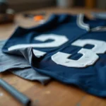 Flocage qui se décolle sur un maillot de sport, révélant la couche adhésive sous le vinyle thermocollant