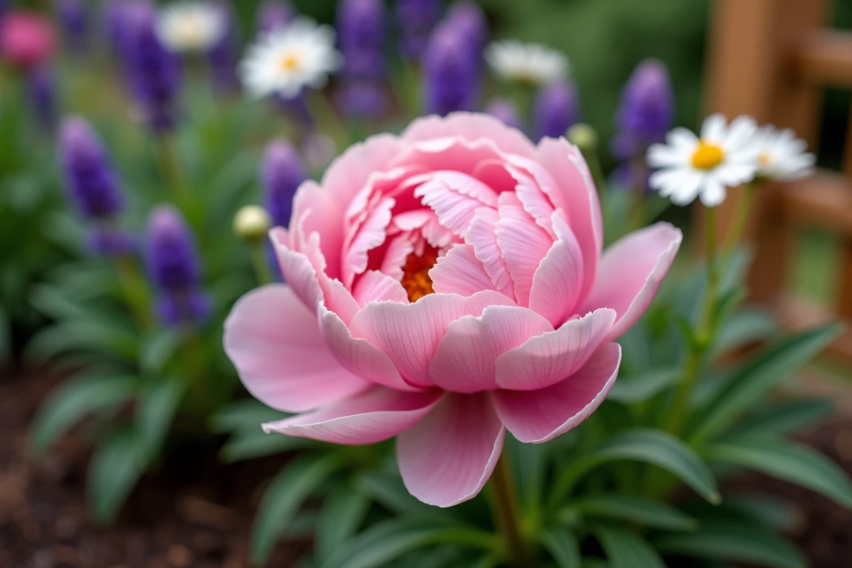 Gros plan d'une pivoine en fleur entourée de salvia et de cosmos dans un jardin de style champêtre