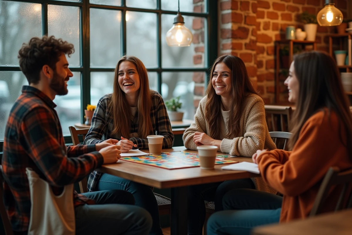 Groupe d'étudiants riant ensemble autour d'une table de café avec des notes de cours et des tasses à café