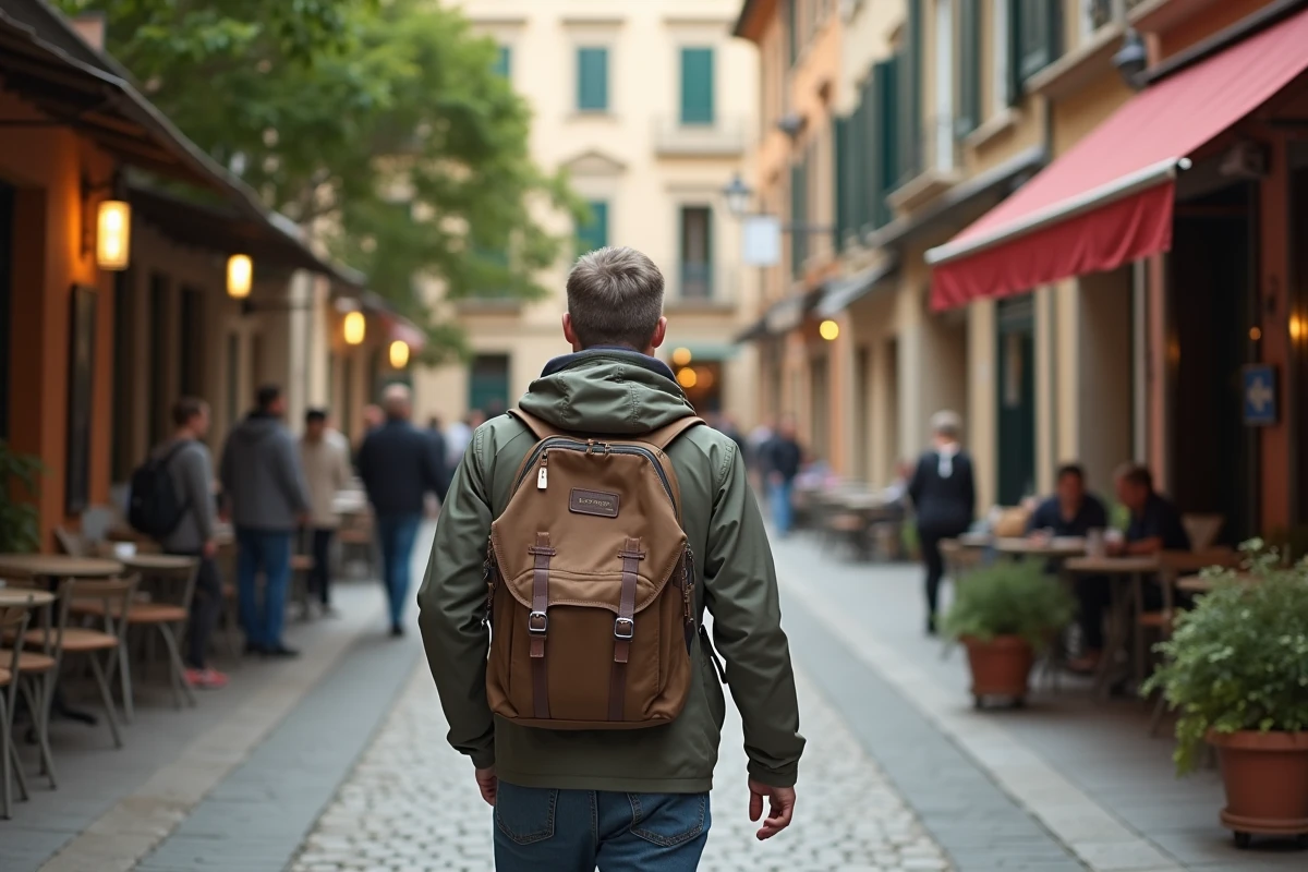 Homme marchant dans une rue pavée en Europe
