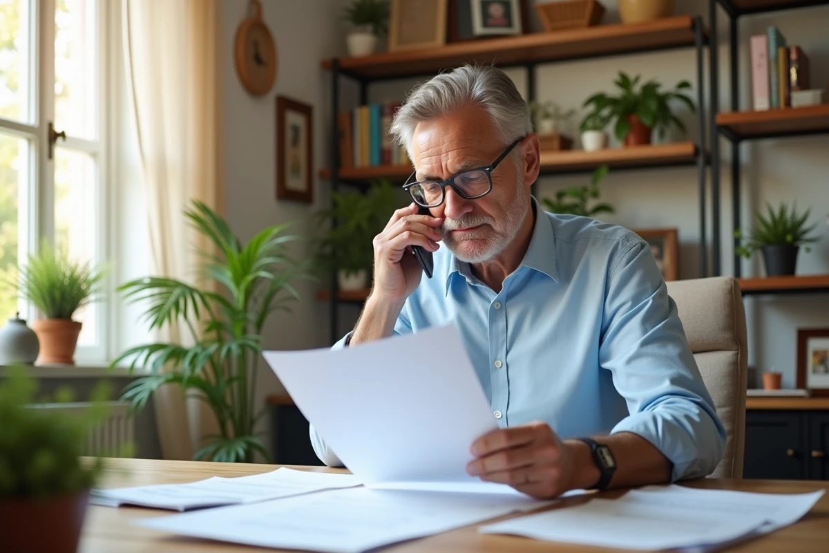 Homme au bureau téléphonant en vérifiant son contrat d electricite