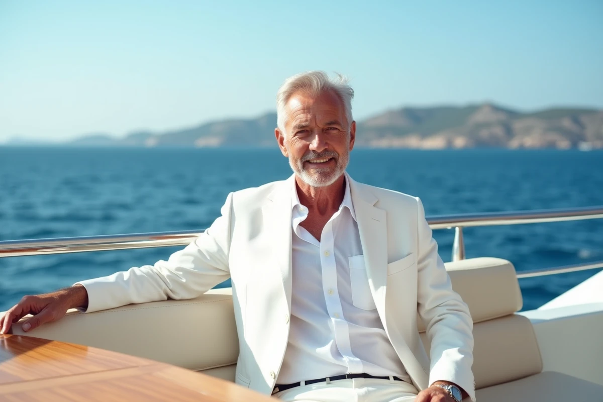 Uomo anziano in abito bianco su uno yacht di lusso in Mediterraneo, incarnando l'eleganza e la libertà finanziaria