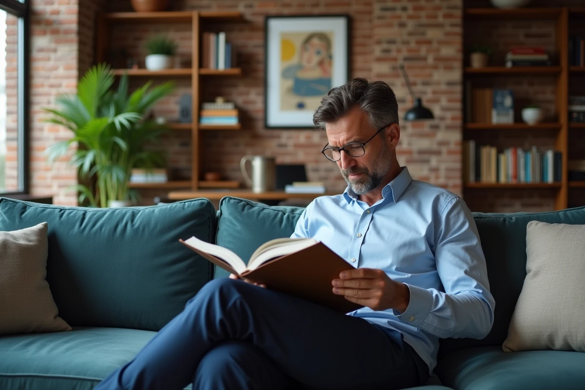 Homme lisant un livre de design dans un salon moderne