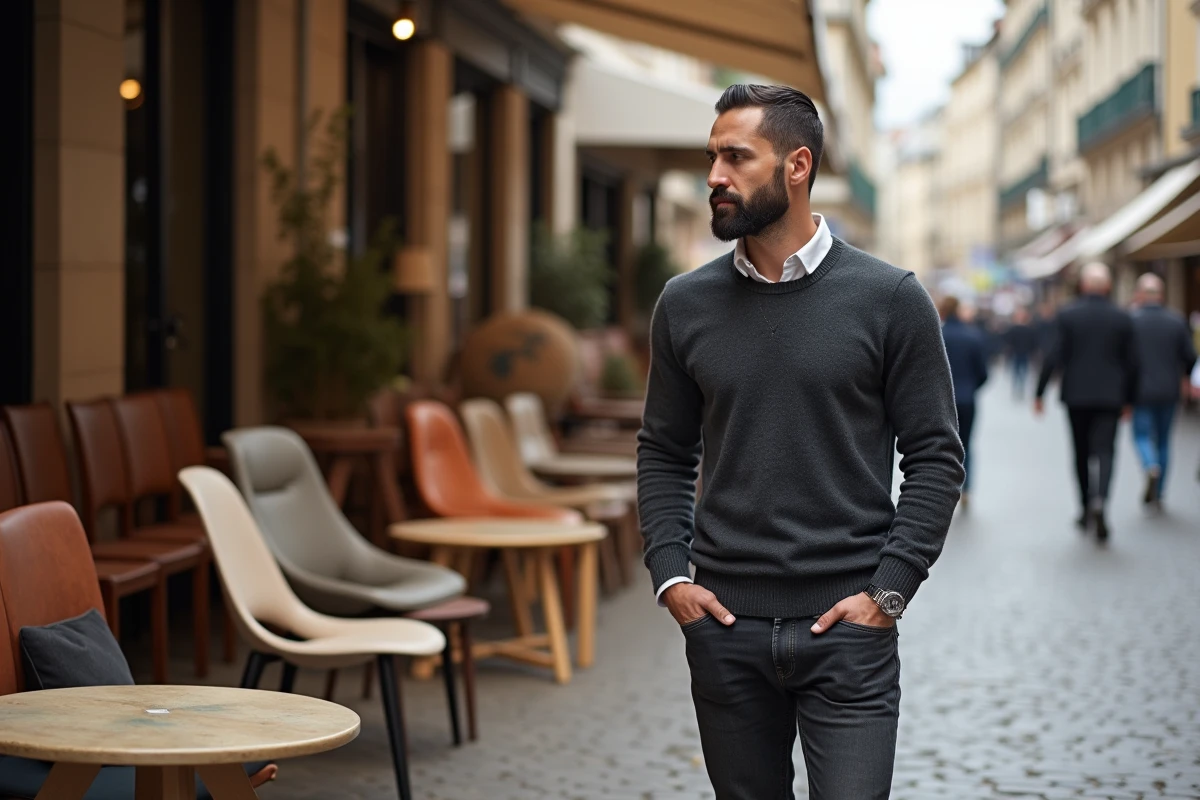 Homme parcourant des meubles design de luxe d'occasion dans un marché aux puces spécialisé en mobilier Roche Bobois