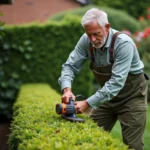 Homme utilisant un taille-haie électrique pour entretenir une haie verte dans un jardin bien soigné