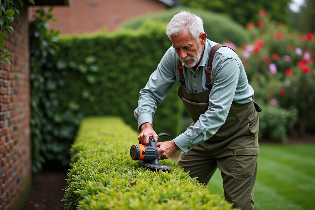 Homme utilisant un taille-haie électrique pour entretenir une haie verte dans un jardin bien soigné