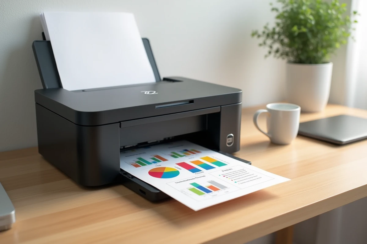 Document couleur imprimé sortant d'une imprimante laser multifonction Brother sur un bureau bois minimaliste