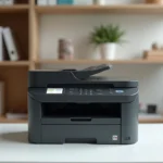 Imprimante multifonction couleur Brother DCP-L3550CDW posée sur un bureau de bureau à domicile