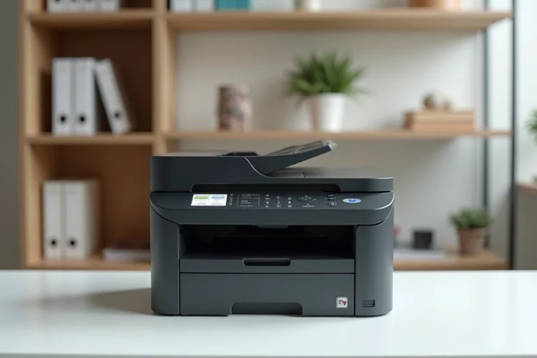 Imprimante multifonction couleur Brother DCP-L3550CDW posée sur un bureau de bureau à domicile