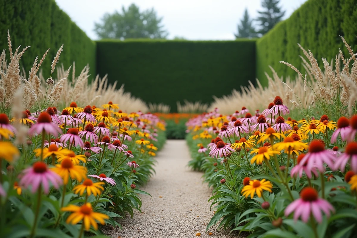 Vue panoramique d'un jardin naturalisé en fin d'été avec des échinacées, rudbeckias et herbes ornementales