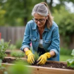 Femme transplantant des herbes dans un jardin en plein air
