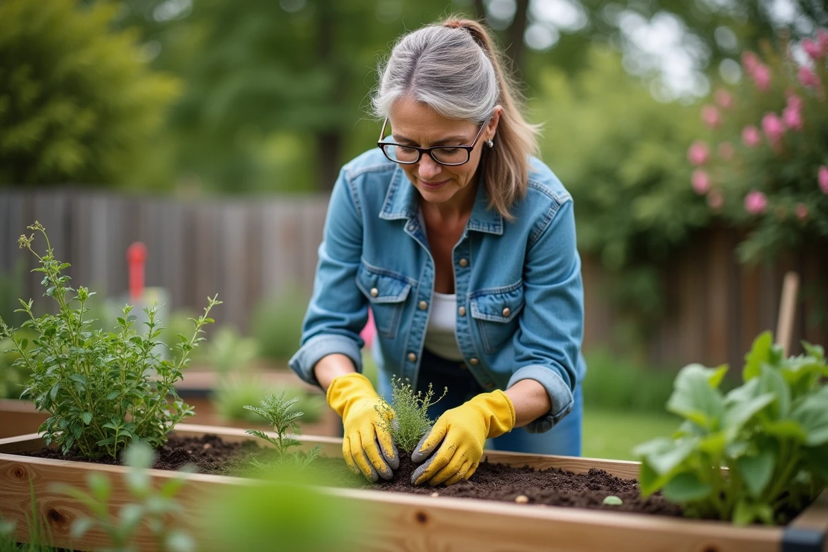 Femme transplantant des herbes dans un jardin en plein air