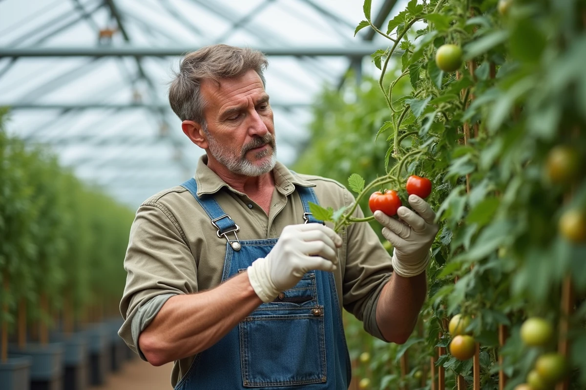 Jardinier inspectant une feuille de tomate présentant des taches nécrotiques brunes liées à une carence en potassium