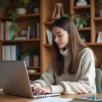 Jeune femme en bureau moderne utilisant un ordinateur portable