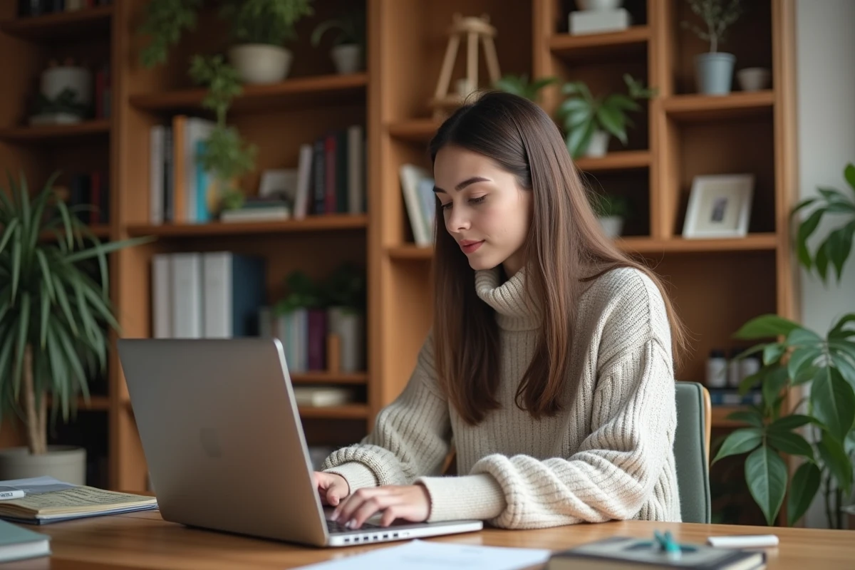 Jeune femme en bureau moderne utilisant un ordinateur portable