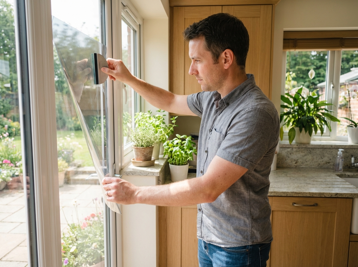 Jeune homme pose un film reflecteur sur une grande fenetre