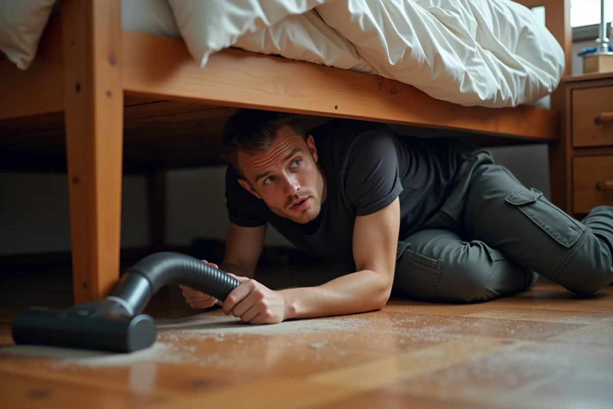 Jeune homme nettoyant sous un lit avec un aspirateur