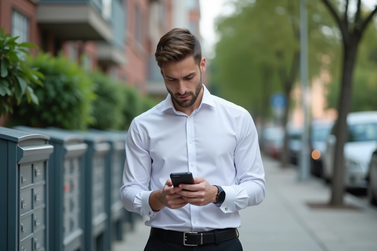 Jeune homme regardant son smartphone dans une rue urbaine