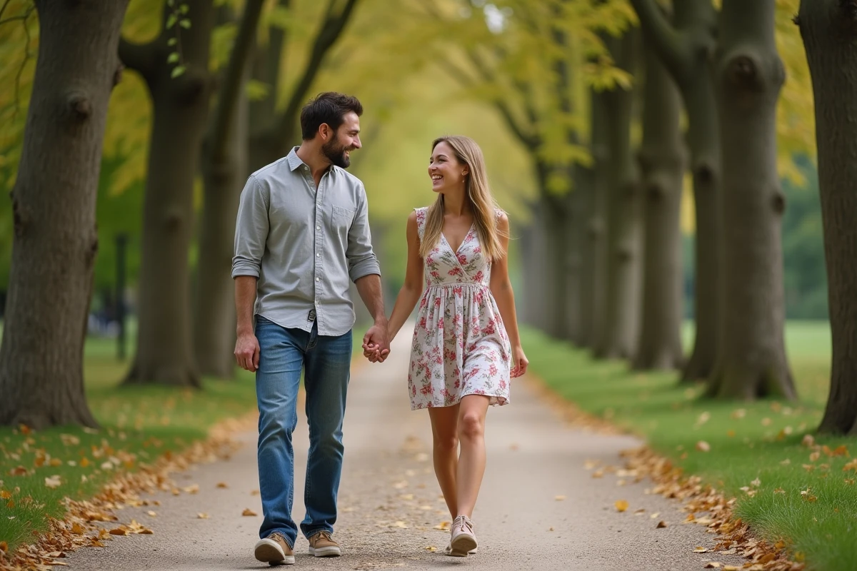 Couple complice se promenant dans un jardin parisien en automne, représentant Lorie et son fiancé Yann Dernaucourt