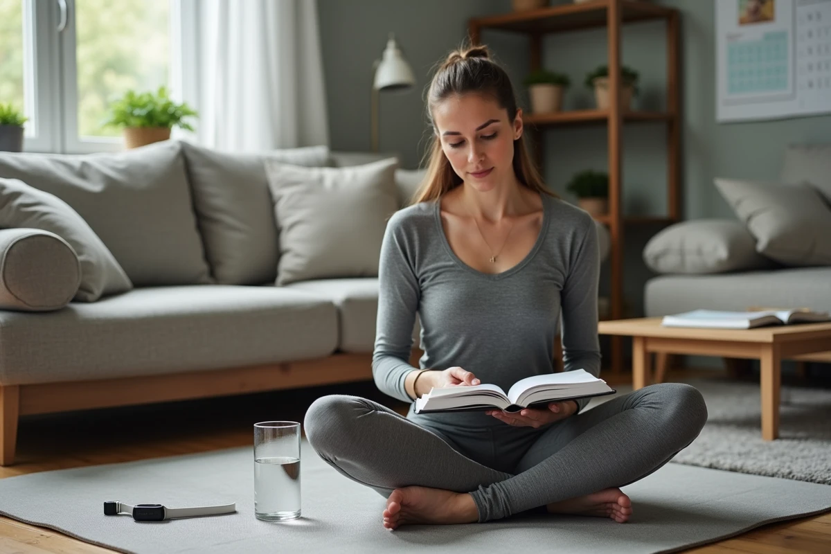 Maman active planifiant son organisation hebdomadaire sur un tapis de yoga dans un salon familial épuré