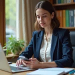 Maman active en télétravail gérant ses tâches professionnelles et familiales depuis son bureau à domicile moderne
