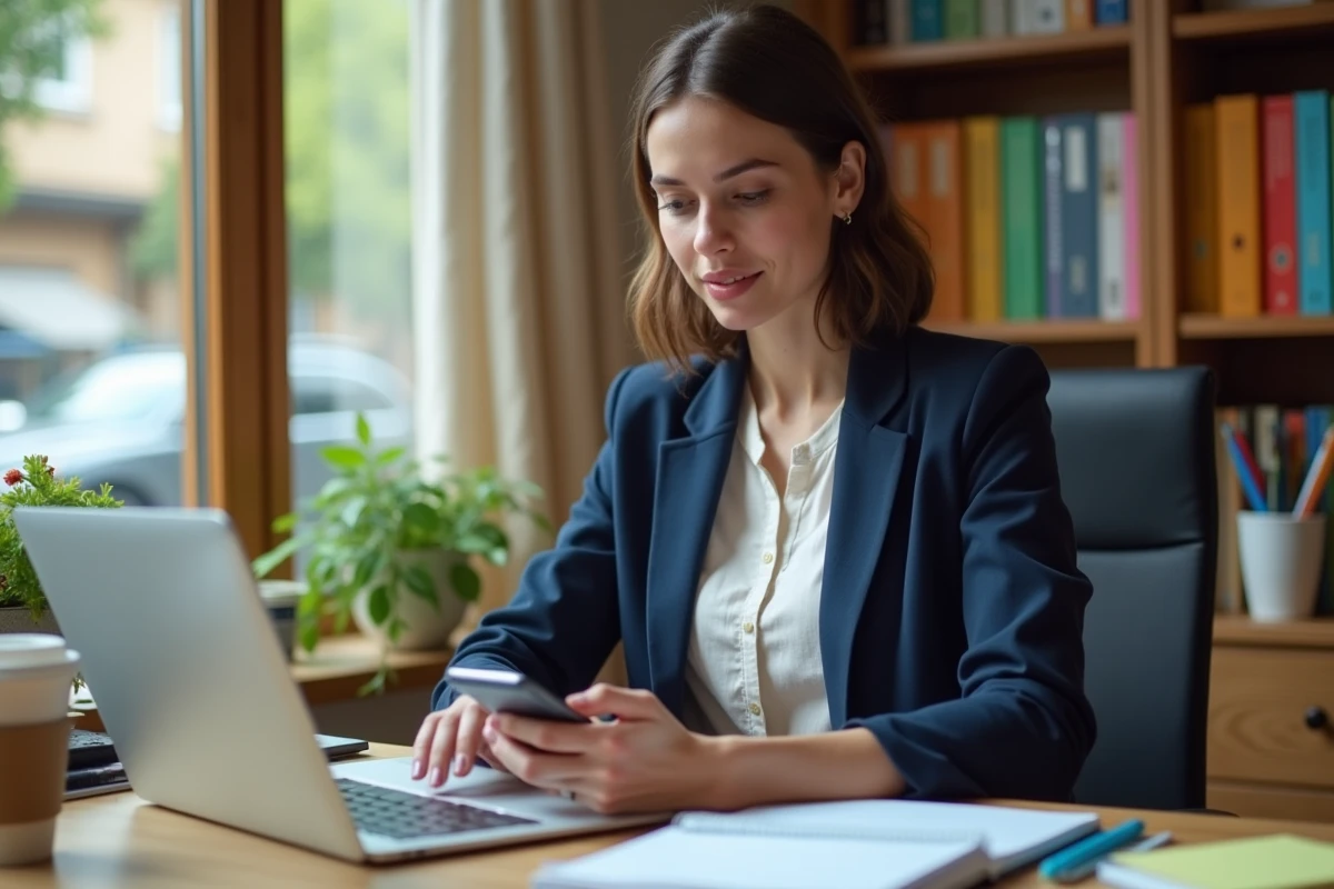 Maman active en télétravail gérant ses tâches professionnelles et familiales depuis son bureau à domicile moderne