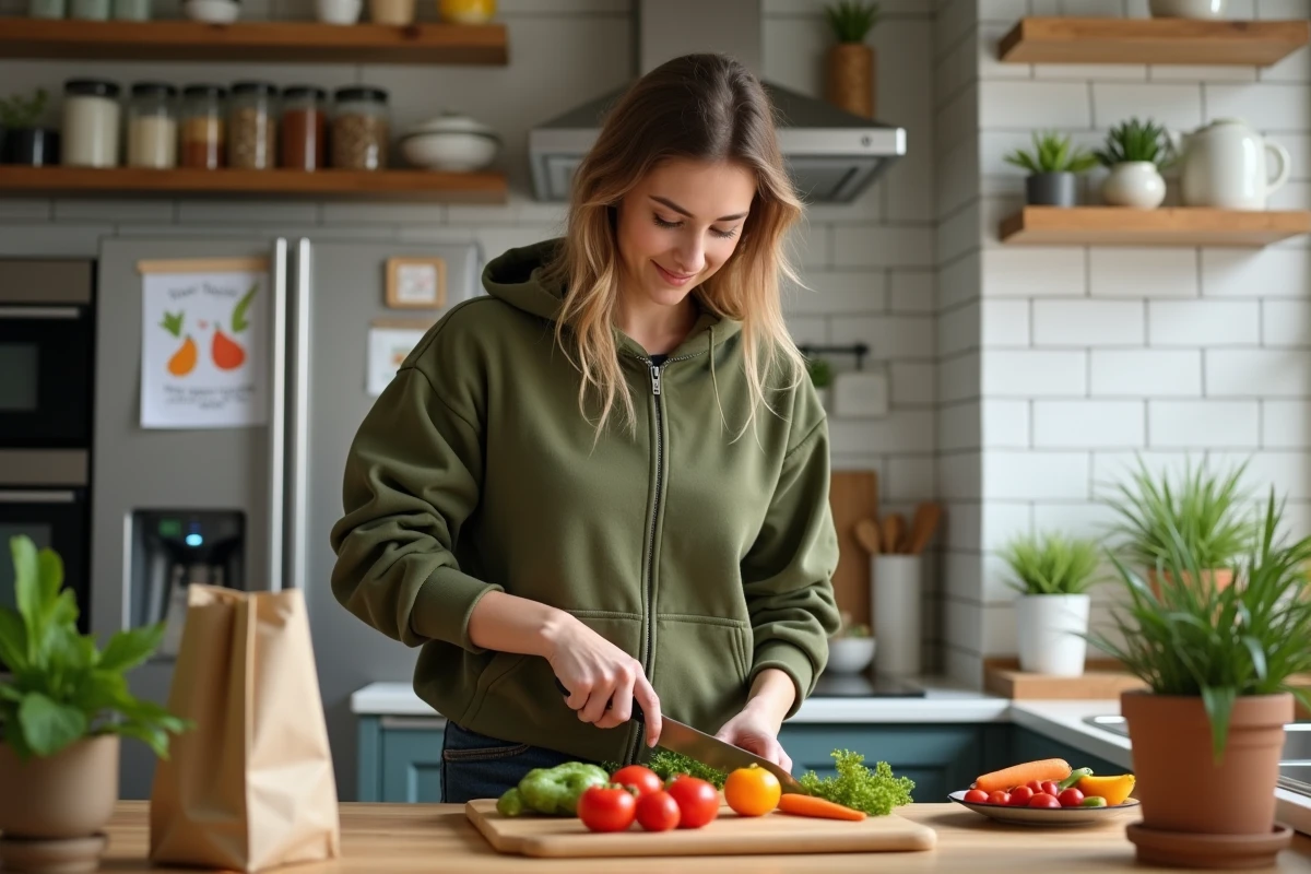 Maman moderne préparant un repas équilibré rapidement dans une cuisine familiale bien organisée