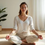 Femme pratiquant la méditation en position lotus sur un tapis en lin dans un salon minimaliste pour régénérer son système nerveux