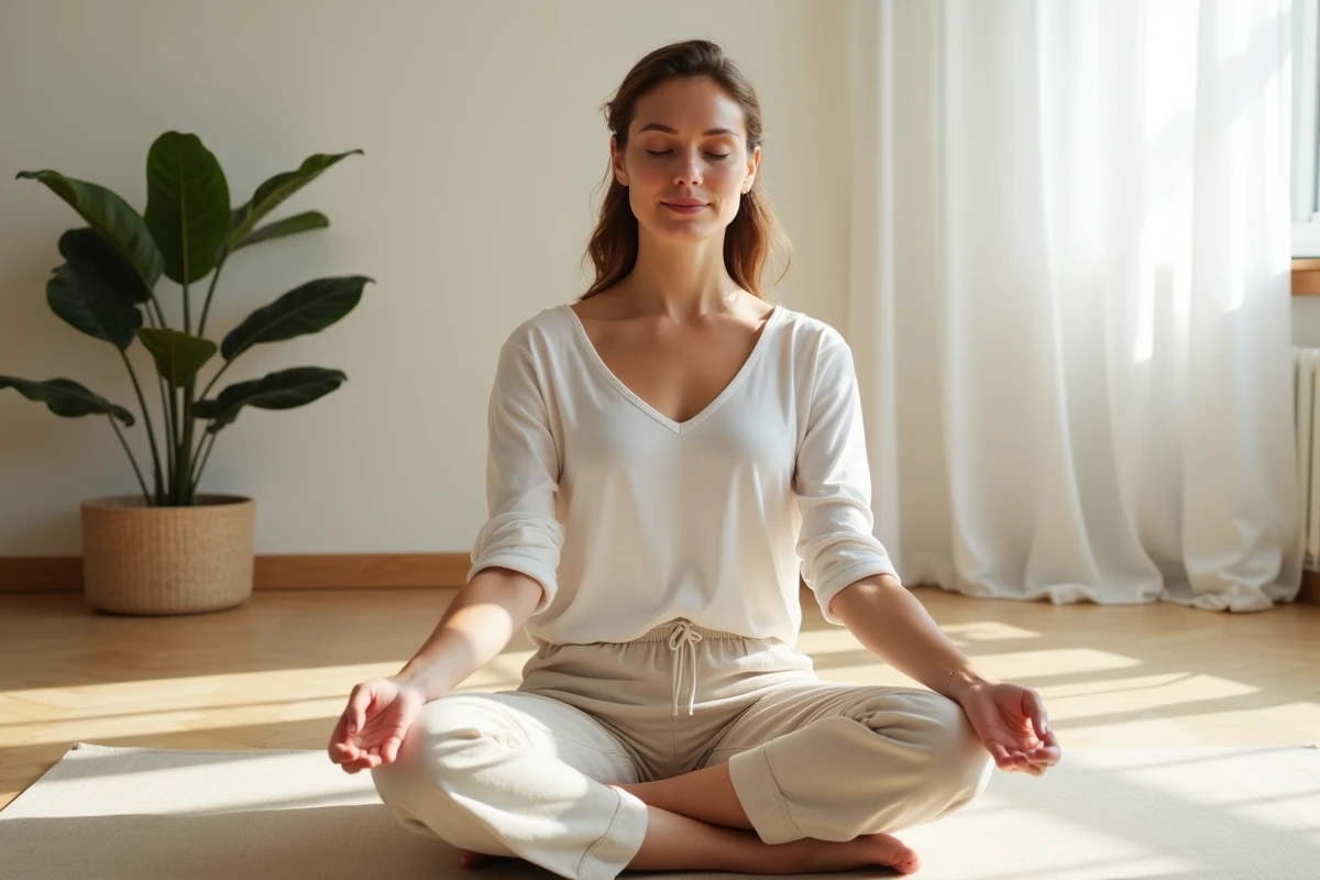 Femme pratiquant la méditation en position lotus sur un tapis en lin dans un salon minimaliste pour régénérer son système nerveux