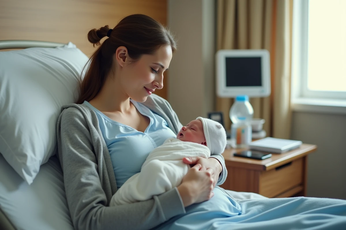 Jeune mère tenant son nouveau-né dans les bras à la maternité avec une expression de bonheur authentique