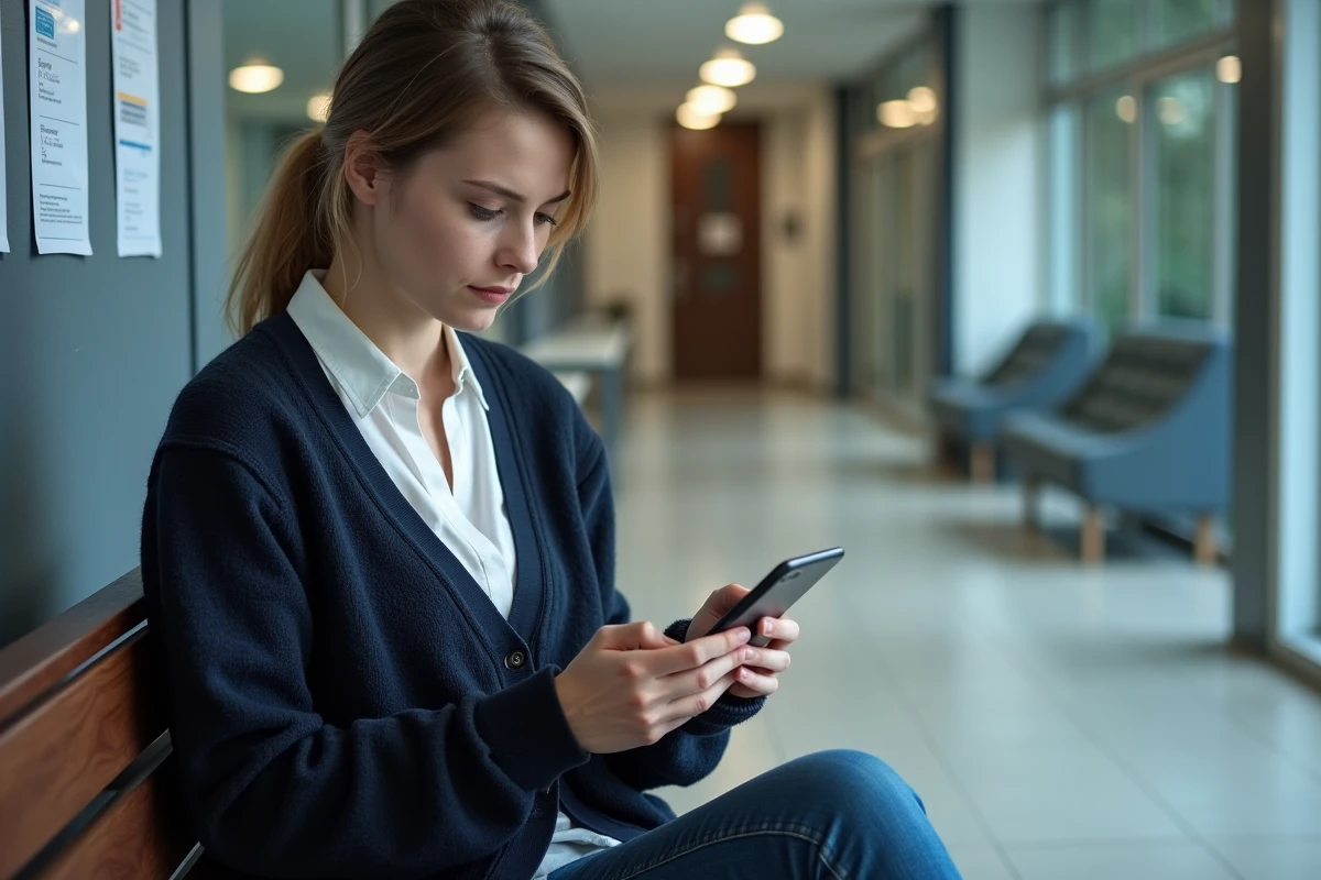 Jeune femme consultant la messagerie AC Strasbourg sur smartphone dans un couloir d'établissement scolaire