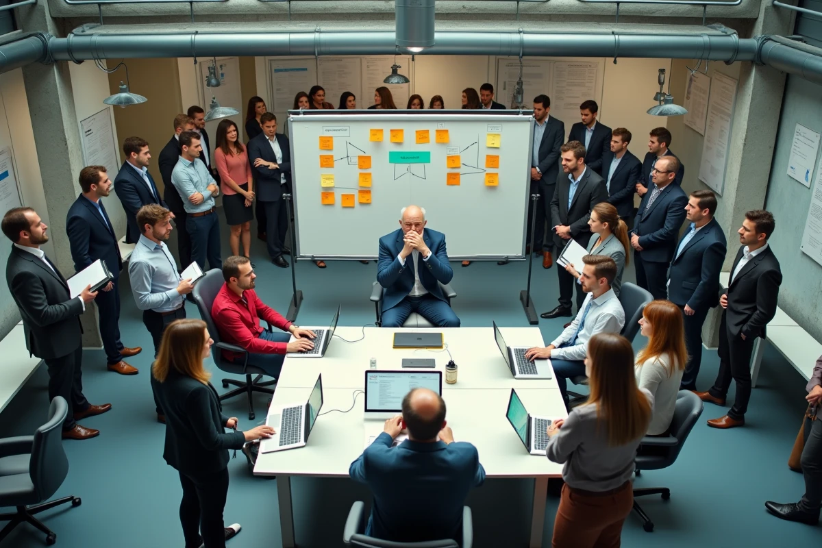 Vue aérienne d'un open space où tout converge vers un seul responsable débordé, illustrant les dysfonctionnements et les limites d'une organisation trop centralisée