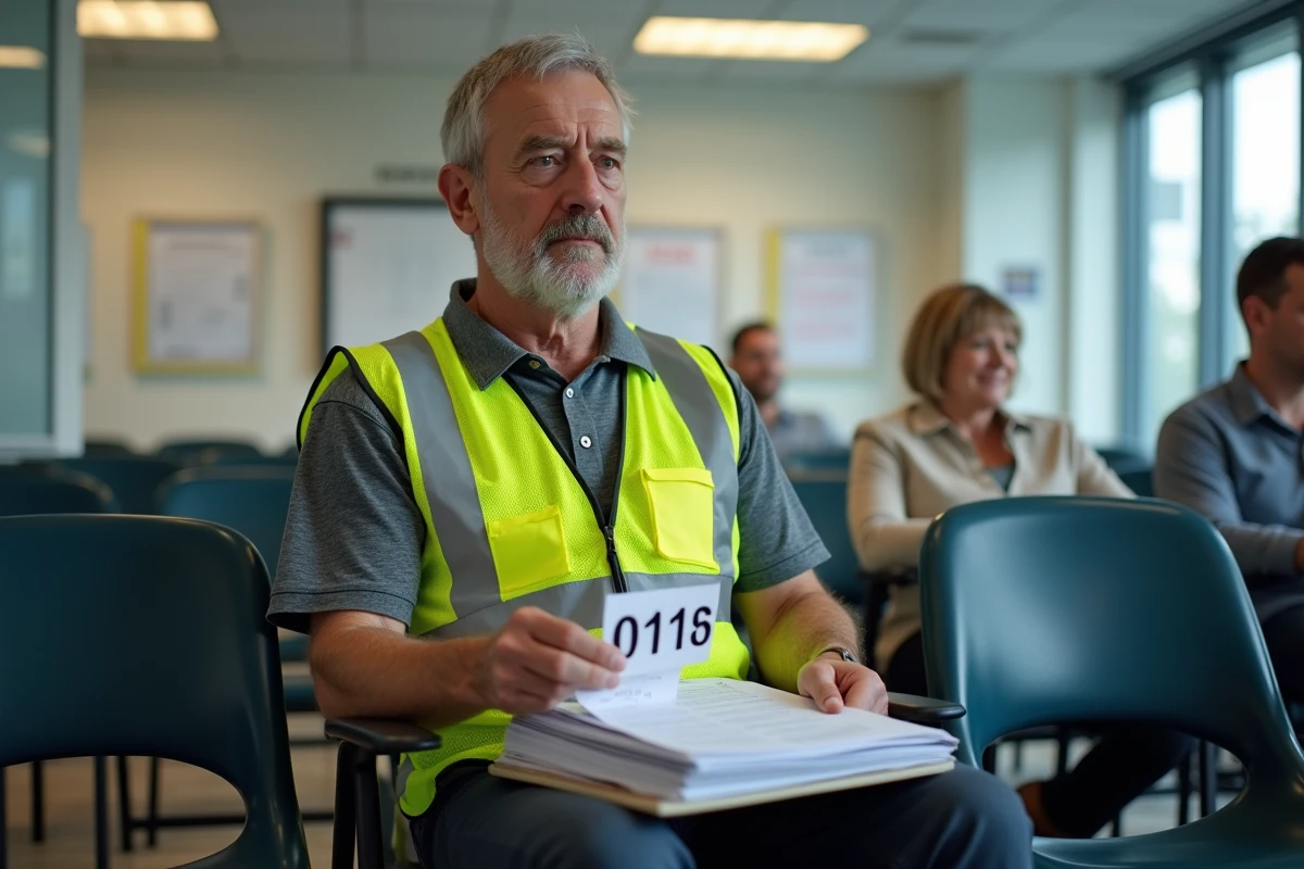Ouvrier attendant dans une salle d'attente administrative pour une démarche de rachat de rente accident de travail