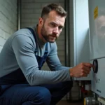 Homme examinant la jauge de pression d'une chaudière murale dans une chaufferie domestique