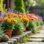 Parterre de fleurs colorées avec dahlias, soucis et lavande le long d'un chemin en pierre dans un jardin résidentiel