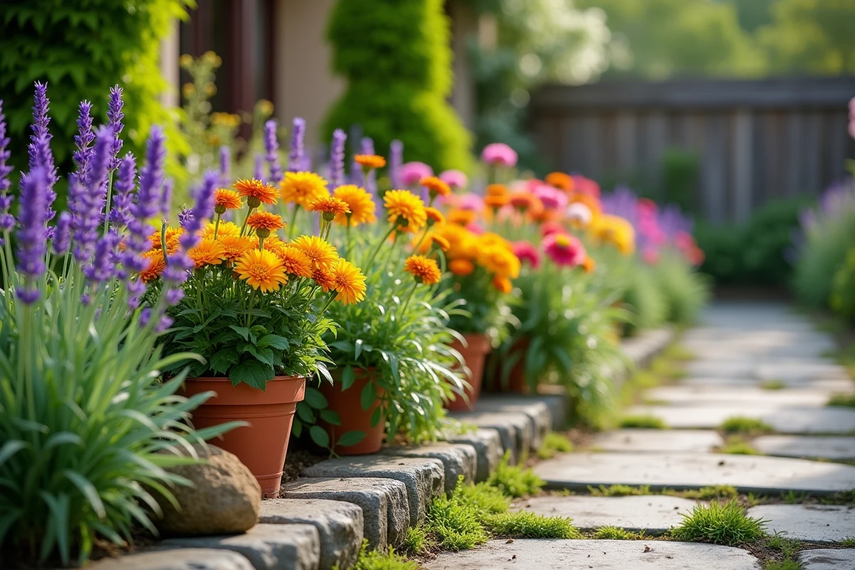 Parterre de fleurs colorées avec dahlias, soucis et lavande le long d'un chemin en pierre dans un jardin résidentiel