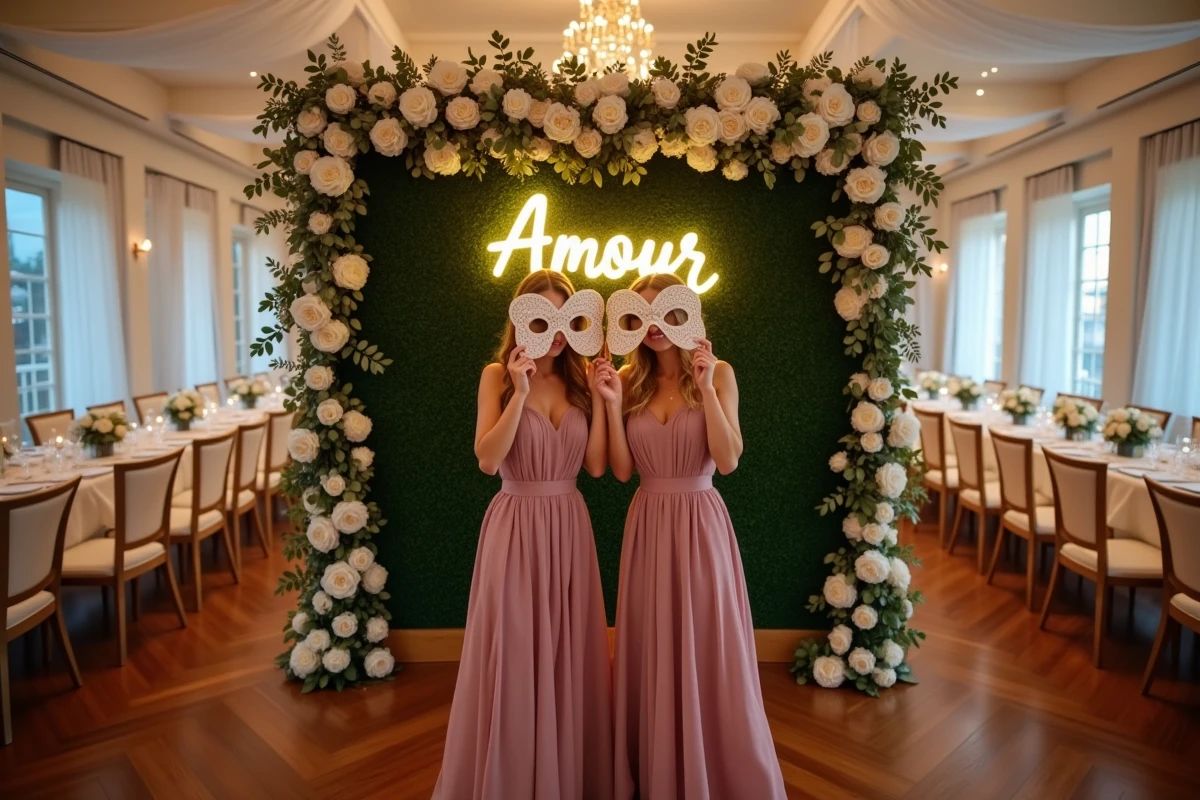 Demoiselles d'honneur utilisant un photobooth festif avec accessoires lors d'une réception de mariage