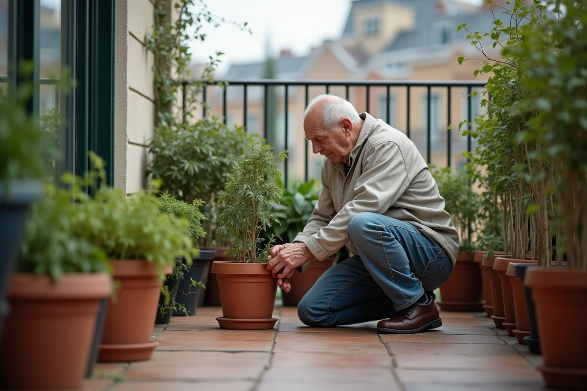 Homme âgé taillant un plant de tomates sur un balcon urbain
