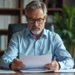 Homme consultant un document légal sur le rachat de rente accident de travail dans un bureau administratif