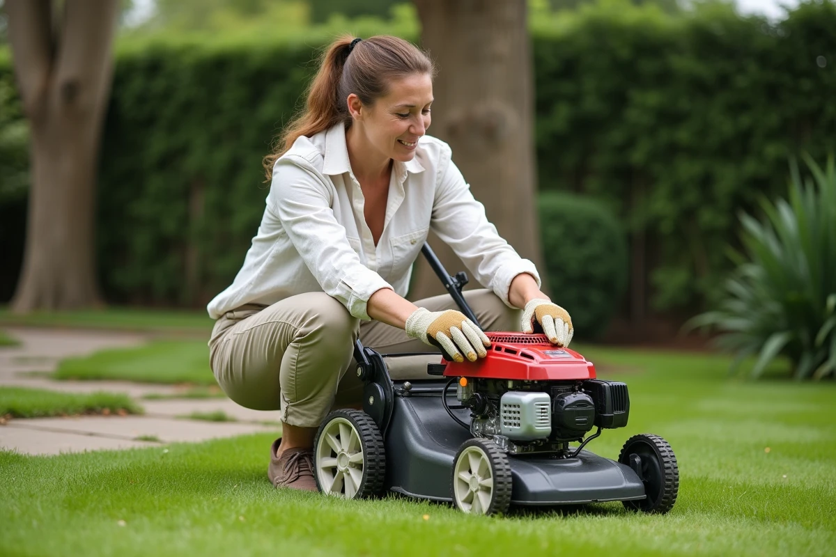 Femme inspectant et réglant la hauteur de coupe d'une tondeuse thermique dans un jardin entretenu
