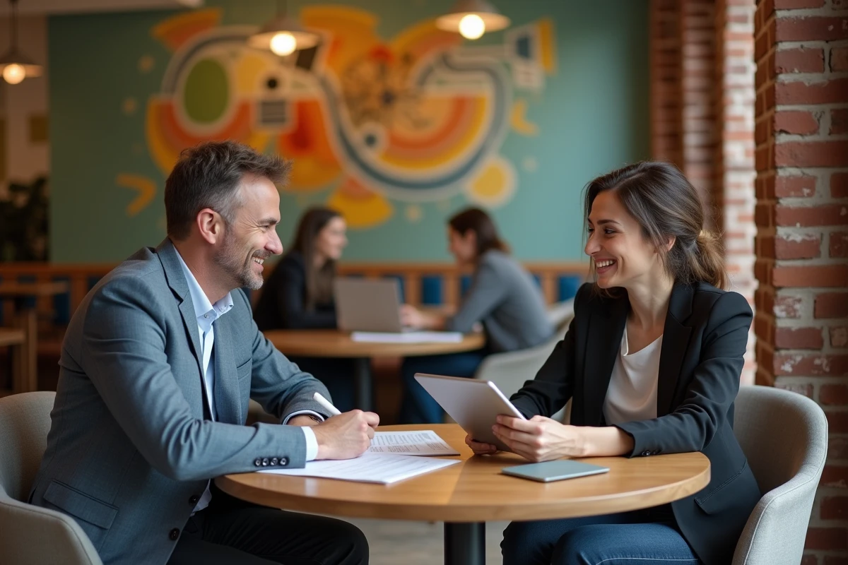 Homme et femme échangeant idées dans espace coworking