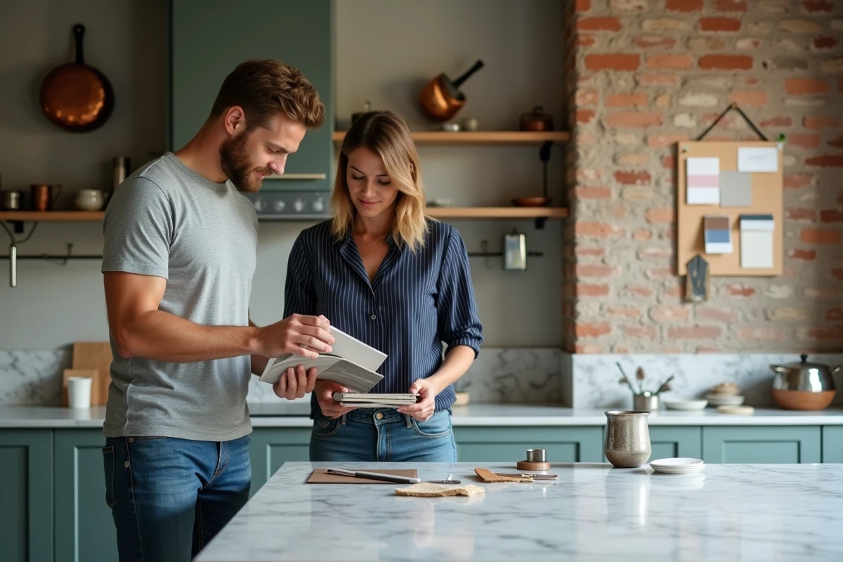 Couple en train de choisir des matériaux pour rénover leur cuisine moderne avec îlot en marbre et étagères ouvertes