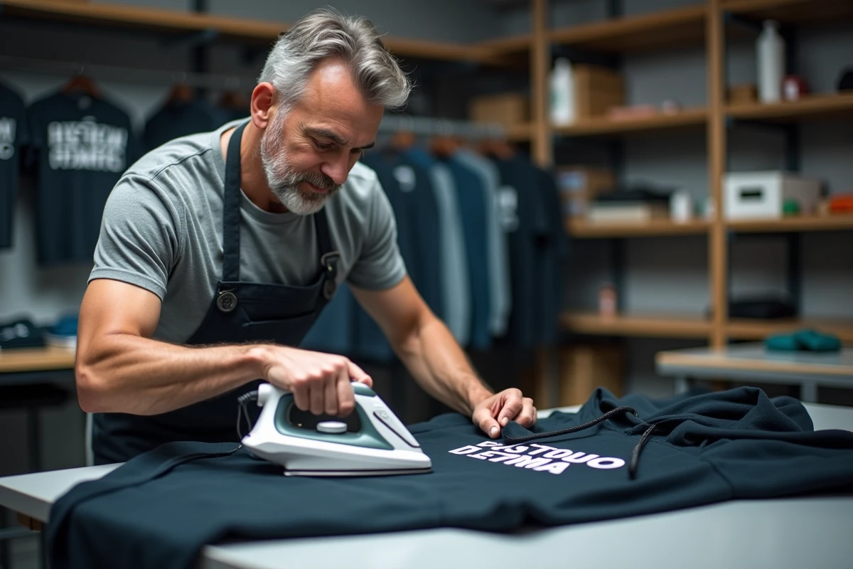 Homme réparant un flocage décollé sur un sweat à capuche avec un fer à repasser thermocollant dans un atelier textile