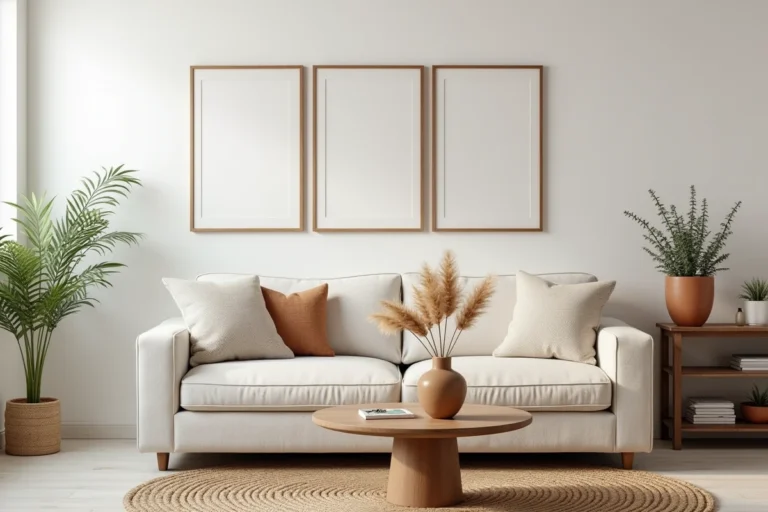 Salon moderne et décoré avec canapé en lin, table basse en noyer et plantes en pots en terre cuite pour inspirer l'aménagement intérieur