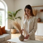 Femme aménageant un salon scandinave minimaliste avec des fleurs séchées et des éléments décoratifs naturels