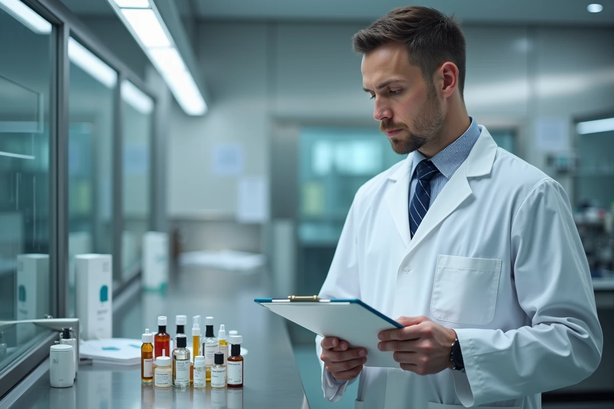 Scientifique en laboratoire observant des échantillons de cosmétiques